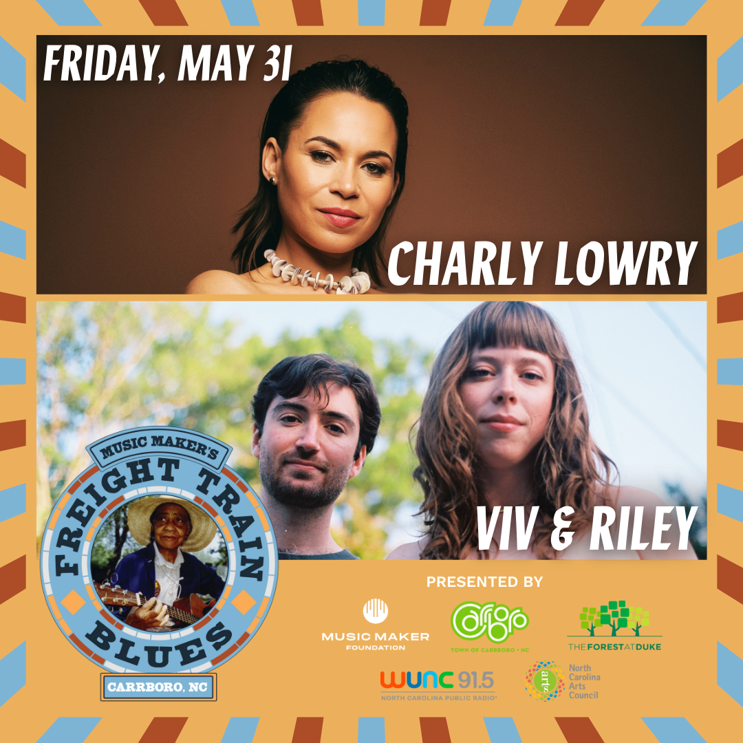 Graphic for Freight Train Blues May 31 Concert: images of the artists Charly Lowry and Viv and Riley